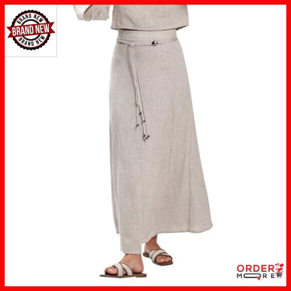 100% Linen Maxi Skirt with Belt A-Line Relaxed Fit High Rise - Picture 3 of 7